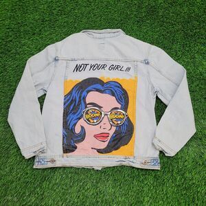 Pop-Art Denim Jacket Womens Medium 19x23 Faded Light-Wash